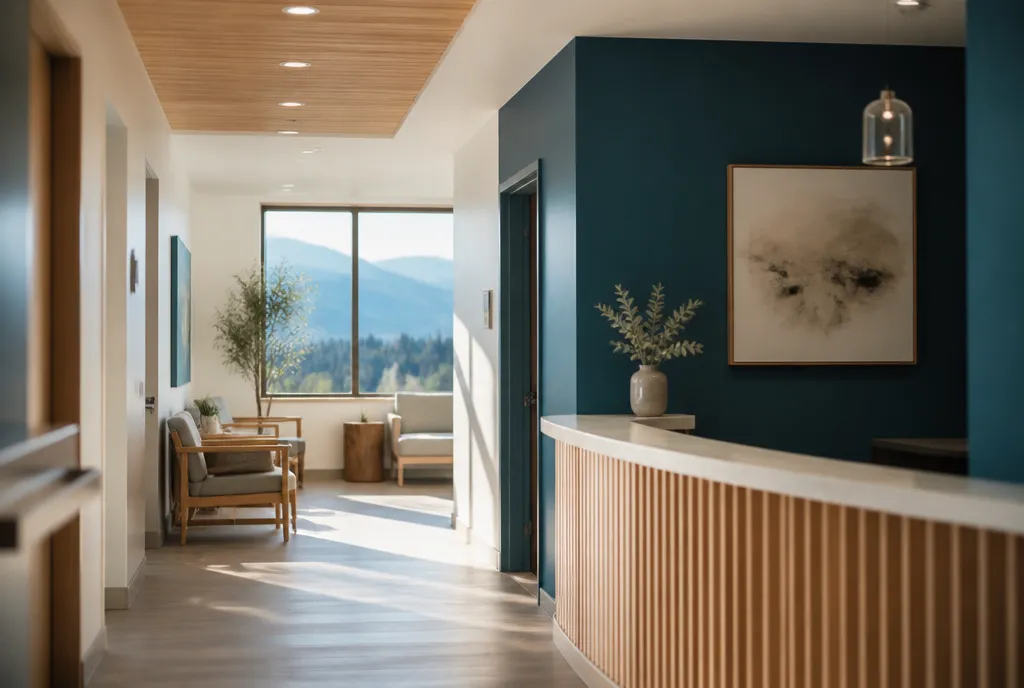 Sunlit clinic corridor with warm wood, a teal accent wall, and mountains through the window