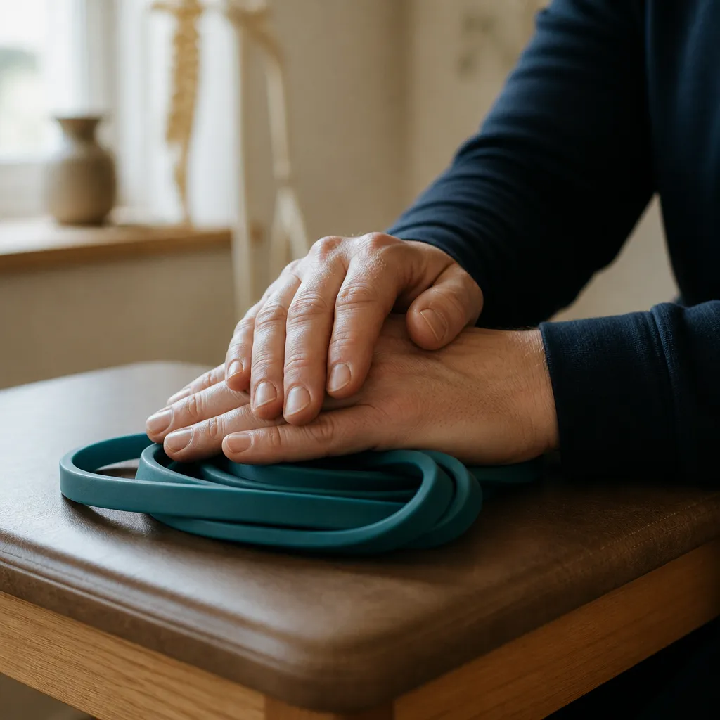 Adult hands resting on a coiled teal resistance band on a wooden bench