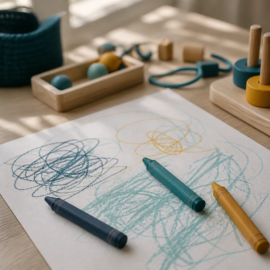 Child’s crayons and a page of playful scribbles on a pale wood table