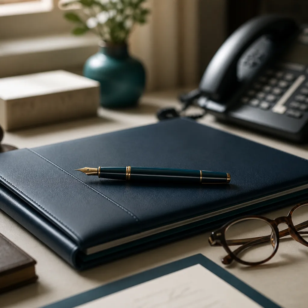 Pen resting on a navy folder beside reading glasses on a calm desk