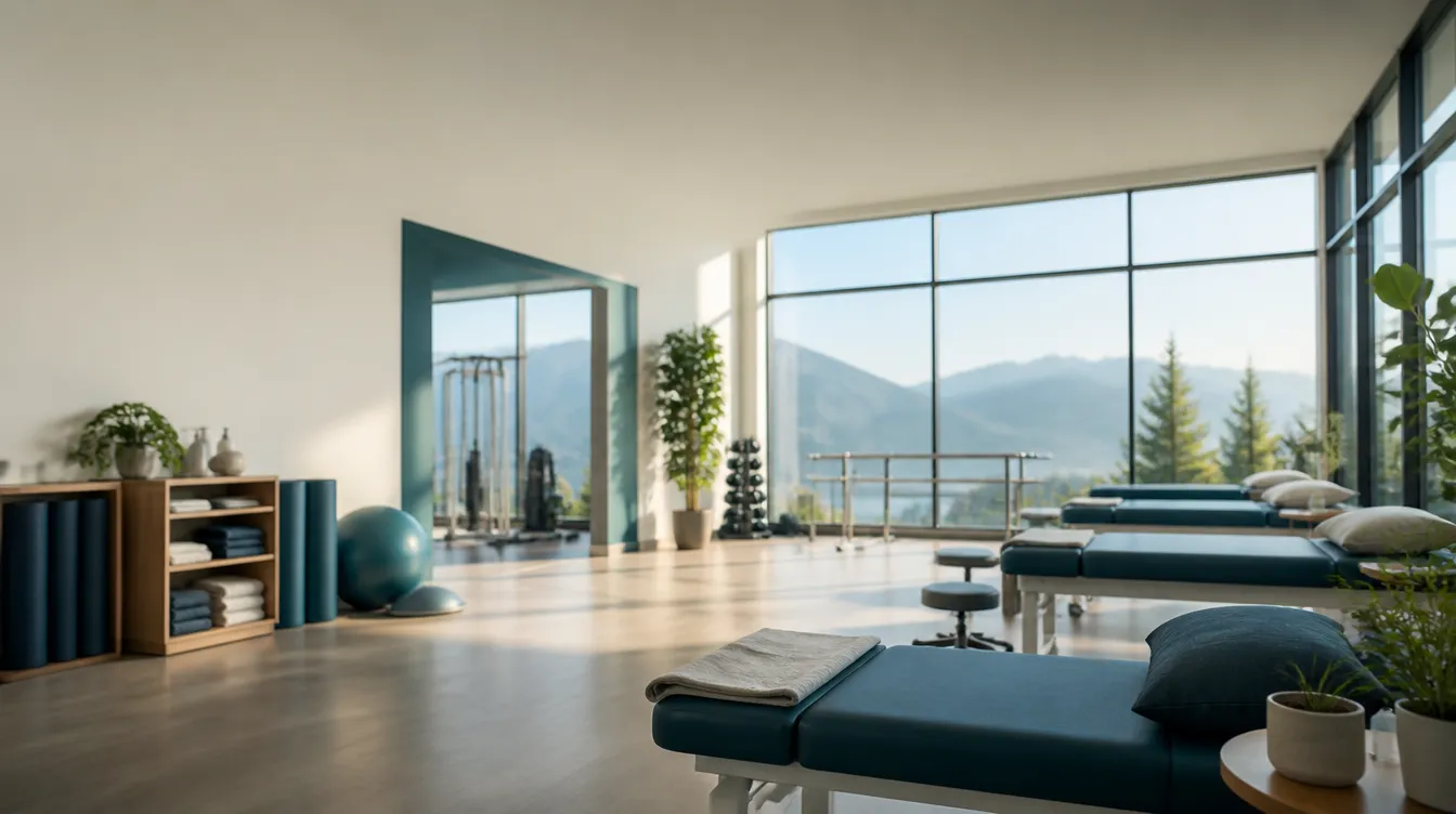 Bright rehabilitation clinic with treatment tables and mountain views through large windows