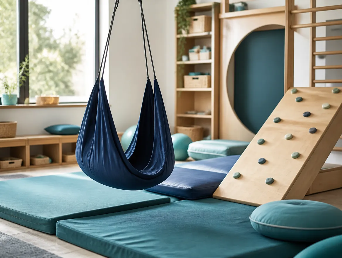 Pediatric sensory gym with a fabric swing and padded mats