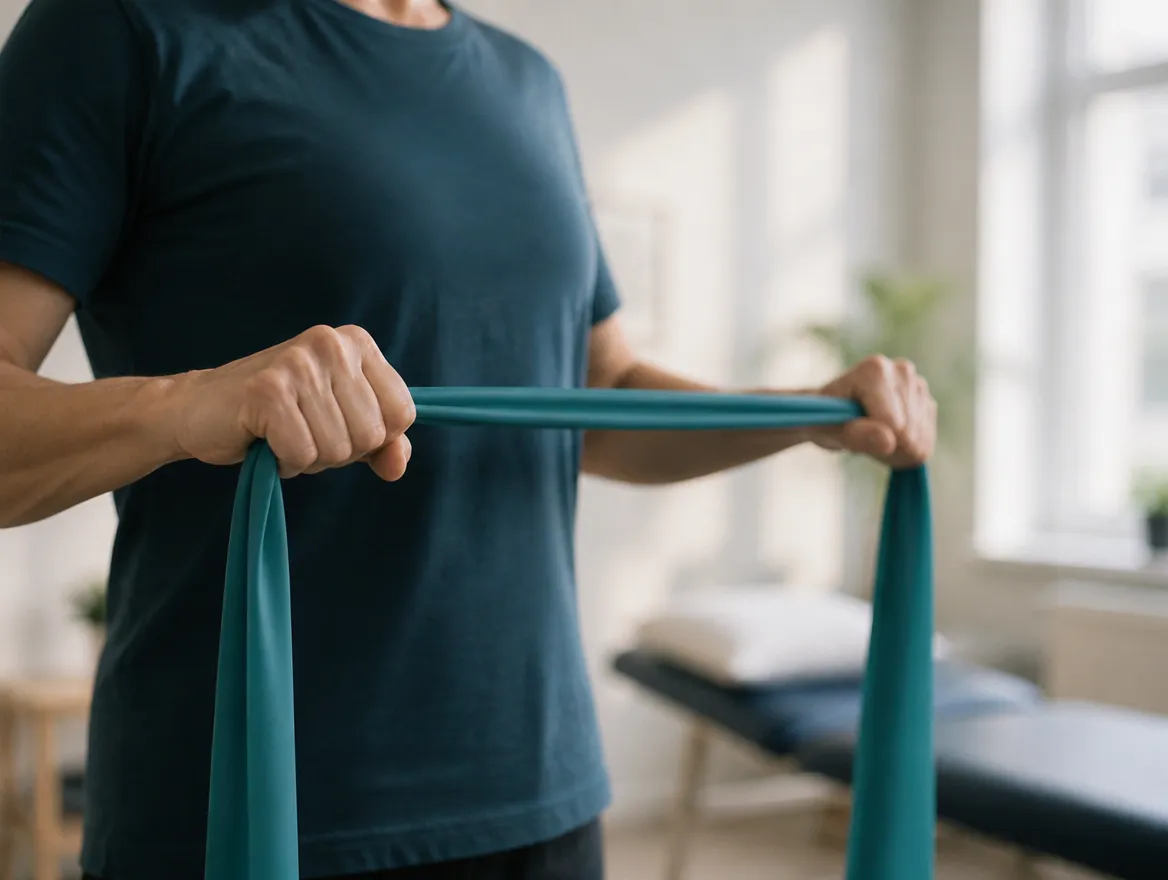 Hands stretching a teal resistance band in a bright clinic