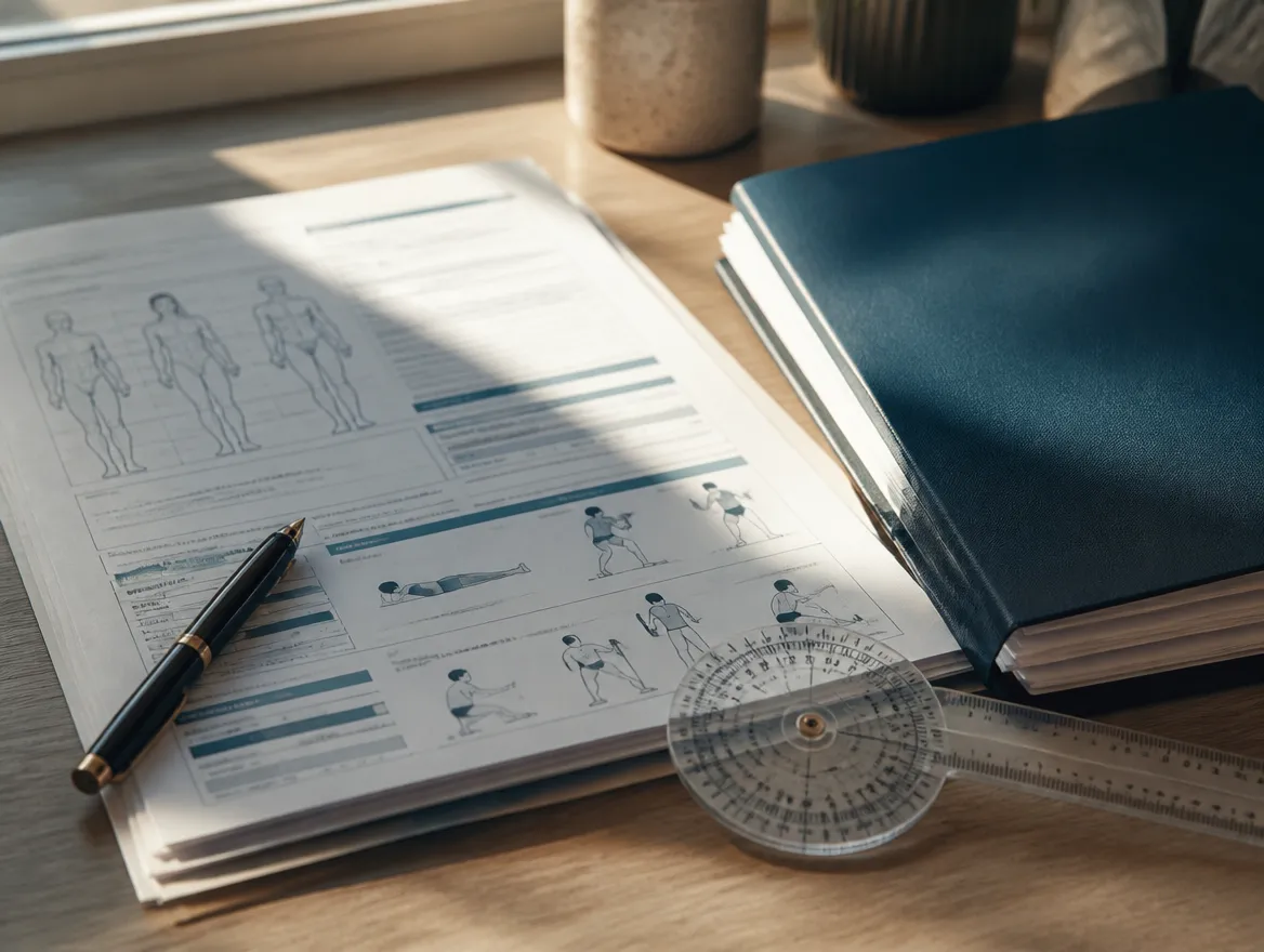 Printed evaluation report, pen, and measurement tools on a desk