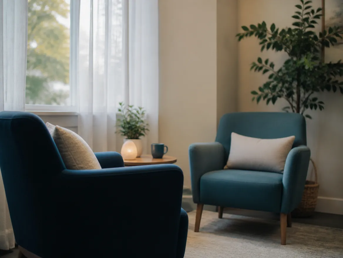 Quiet counselling room with two armchairs and soft window light