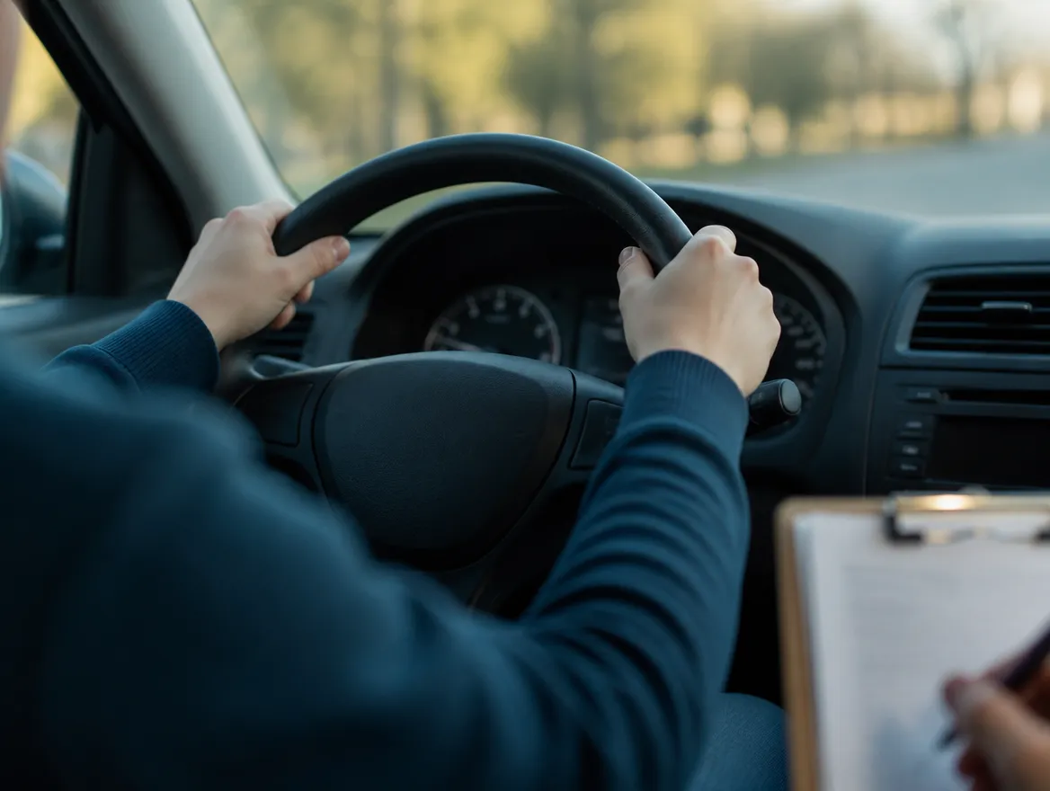Hands resting on a steering wheel in a daylight car cabin