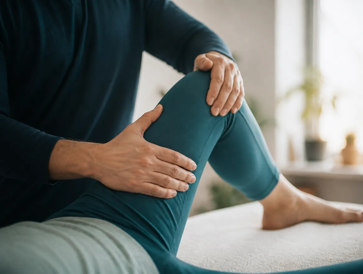 Kinesiologist guiding a client through a supported knee stretch on a treatment table