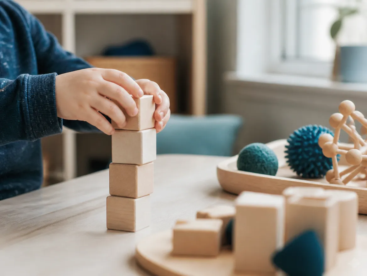 Child’s hands stacking wooden therapy blocks at a table