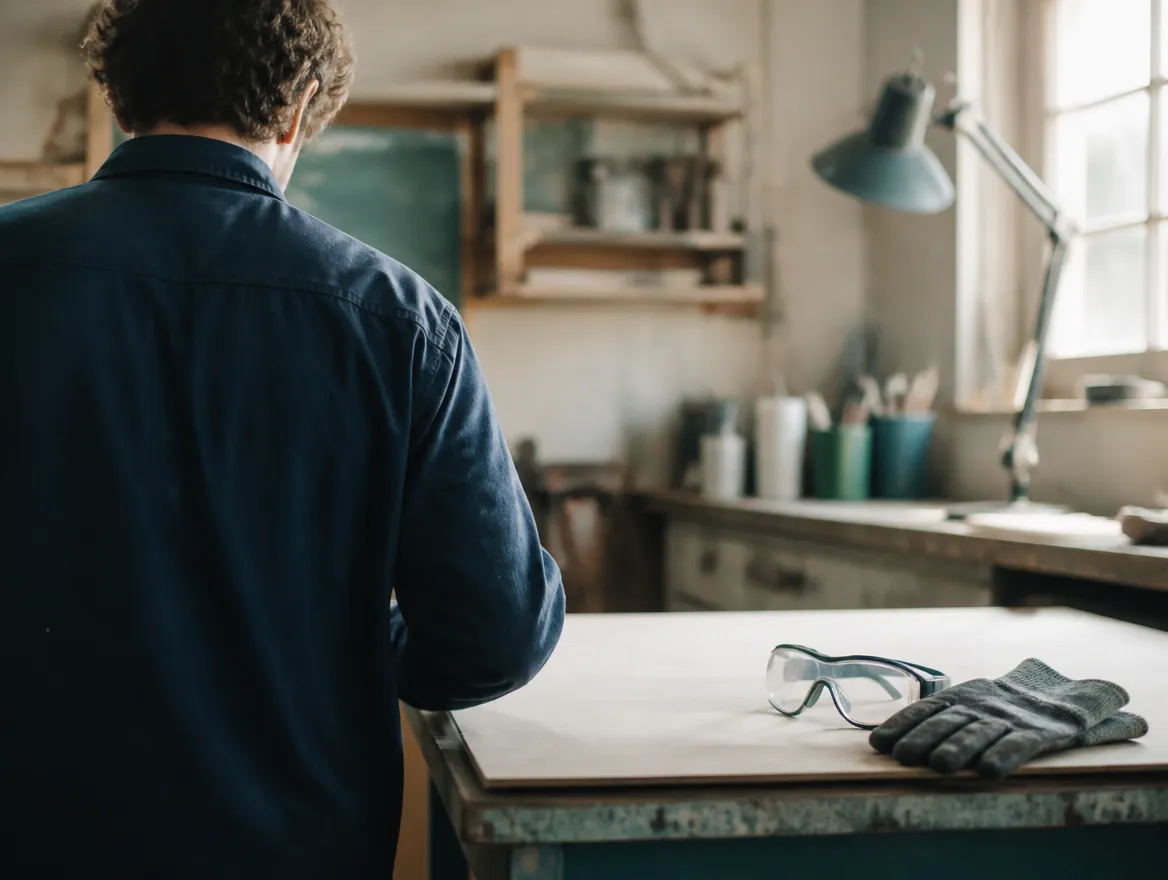 Person at a bright workshop bench with safety glasses ready